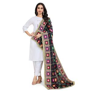 Women's Chinnon Silk Aari Embroided Phulkari Dupatta, Chunni (black, 5478